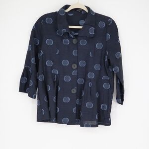 Damee Women's Navy Blue Polka Dot Jacket Topper Size Small Button Front Flowy